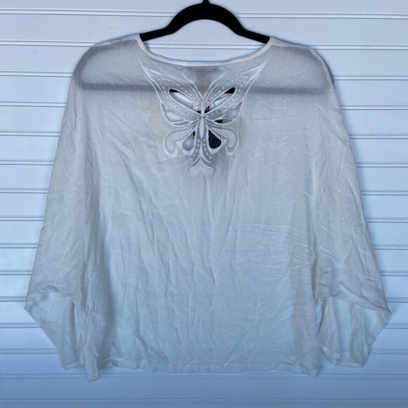 Color Block S White Boho Doleman Sleeve Embroidered Butterfly Boho Blouse - Picture 4 of 9